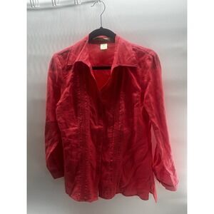 Ecologie Red/Pink 100% linen M Long‎ Sleeve Button Up Coastal grandma Cottage